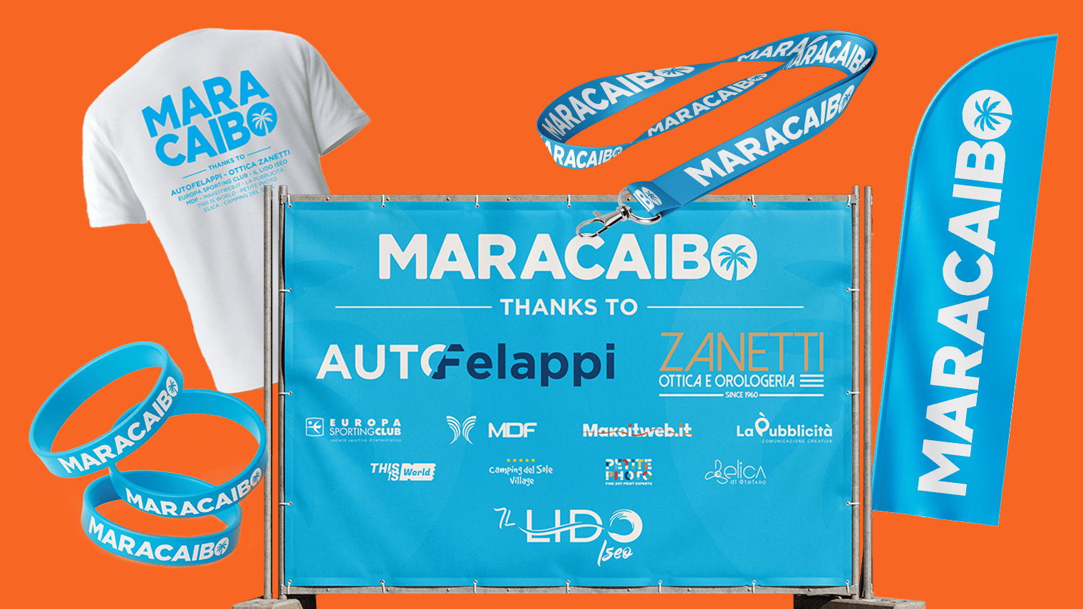 Braccialetti, lanyard e striscione con i loghi degli sponsor del Maracaibo