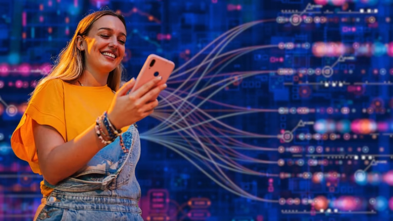 a woman looking at a smartphone with a machine learning algorithm tree in the background 1