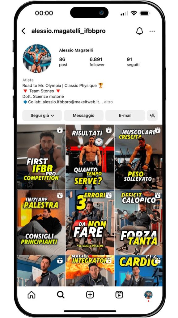 La griglia dei contenuti pubblicati sul profilo di Alessio Magatelli