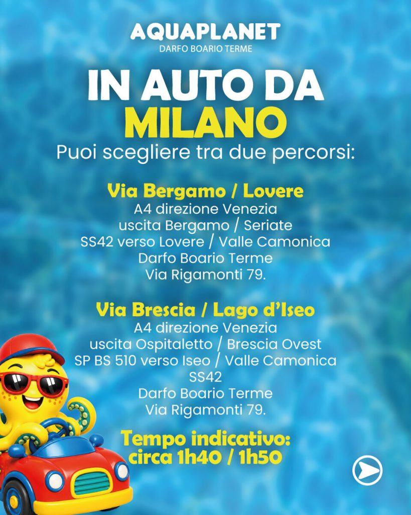 Schermata del carosello con le indicazioni per arrivare ad Aquaplanet in auto da Milano