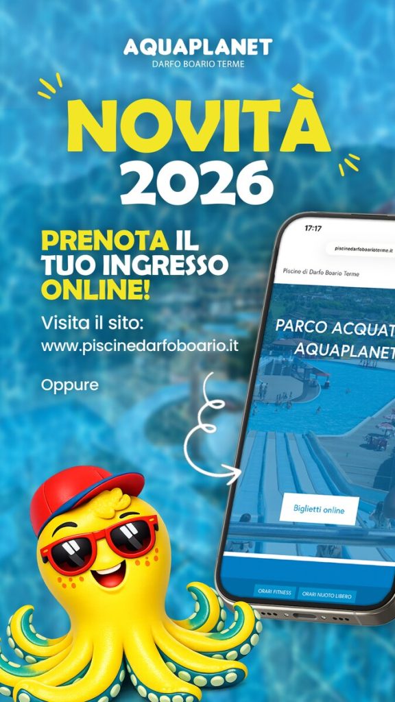 Grafica che annuncia l acquisto dei biglietti online di Aquaplanet dal 2026