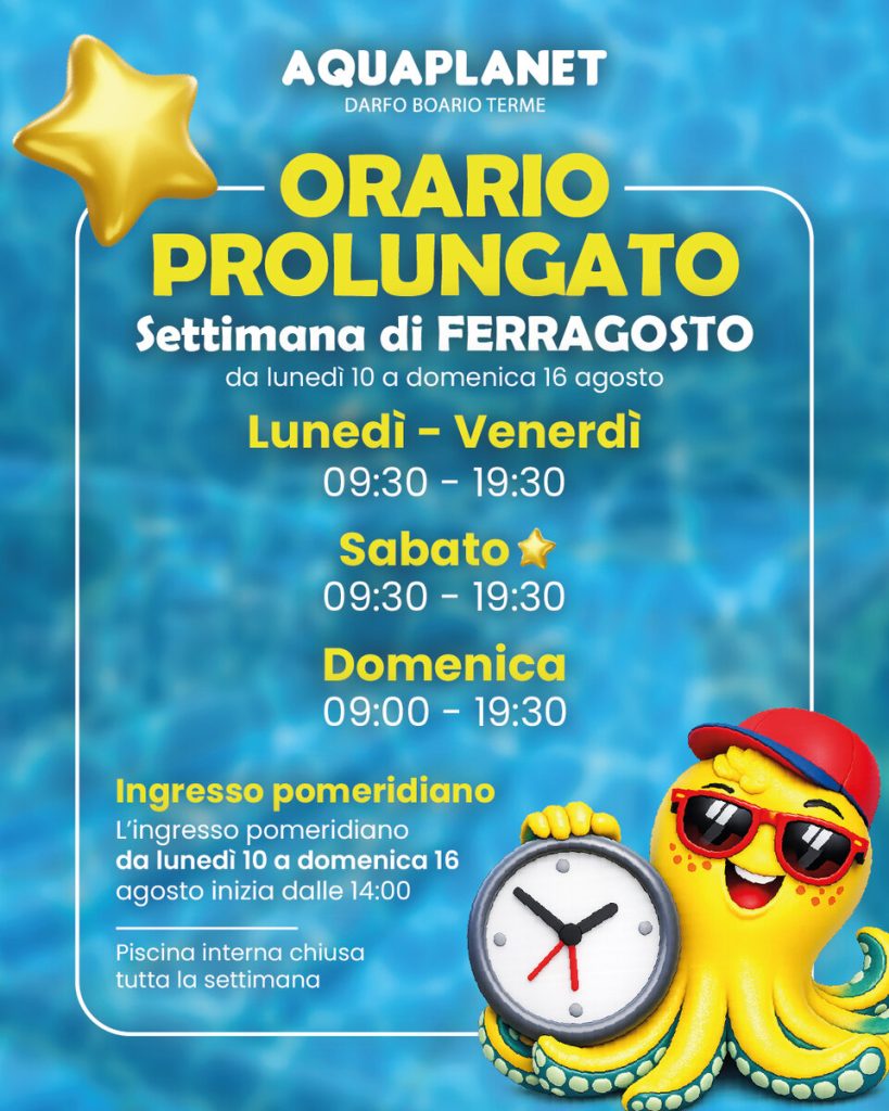 Grafica social con gli orari prolungati della settimana di Ferragosto ad Aquaplanet