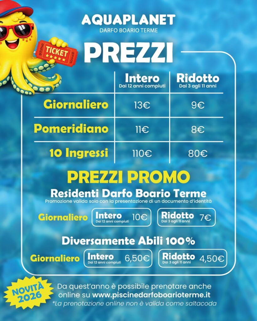 Grafica social con i prezzi 2026 di Aquaplanet Darfo Boario Terme