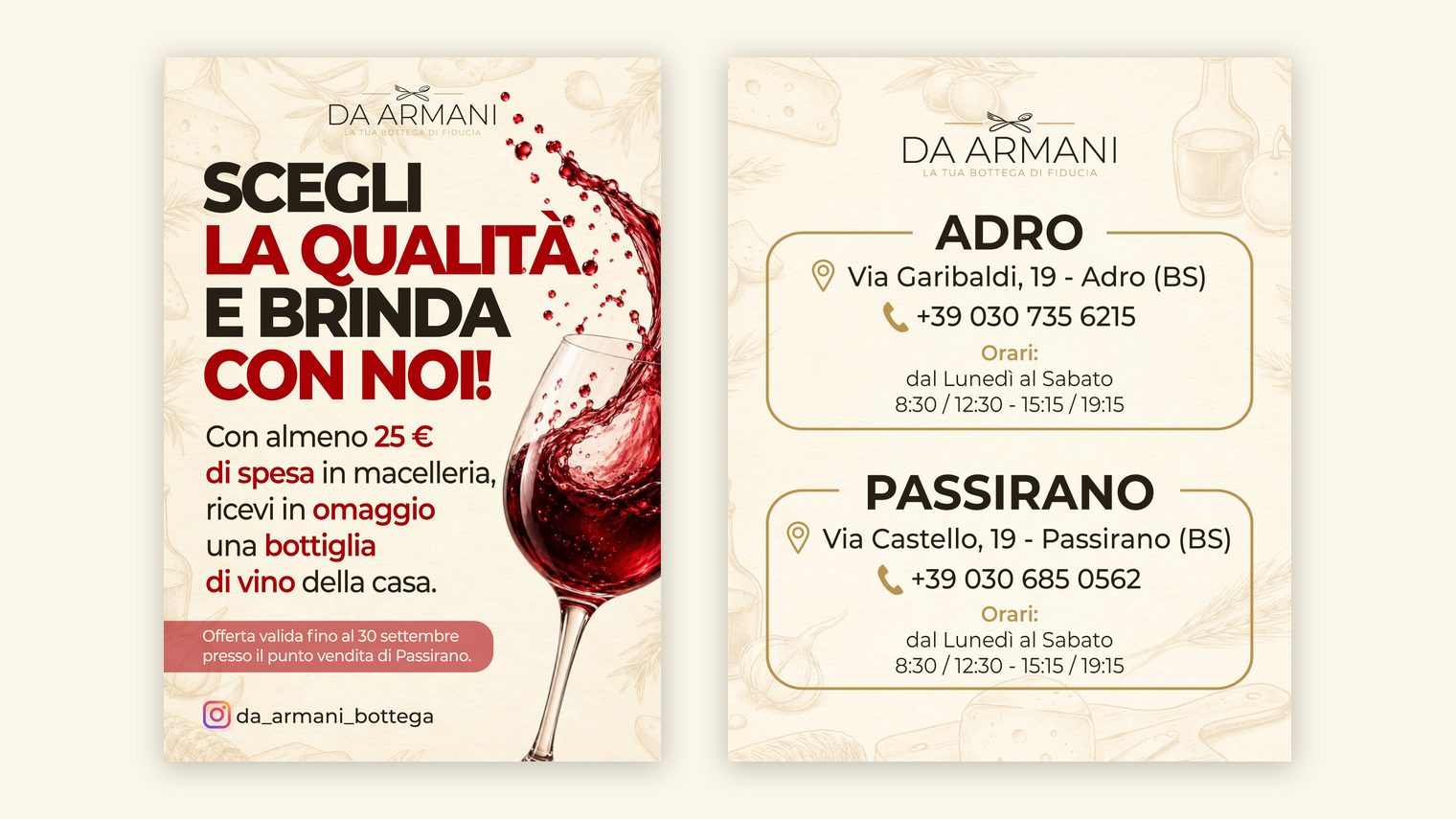 Volantino della promozione Sigma Da Armani e grafica con le sedi di Adro e Passirano