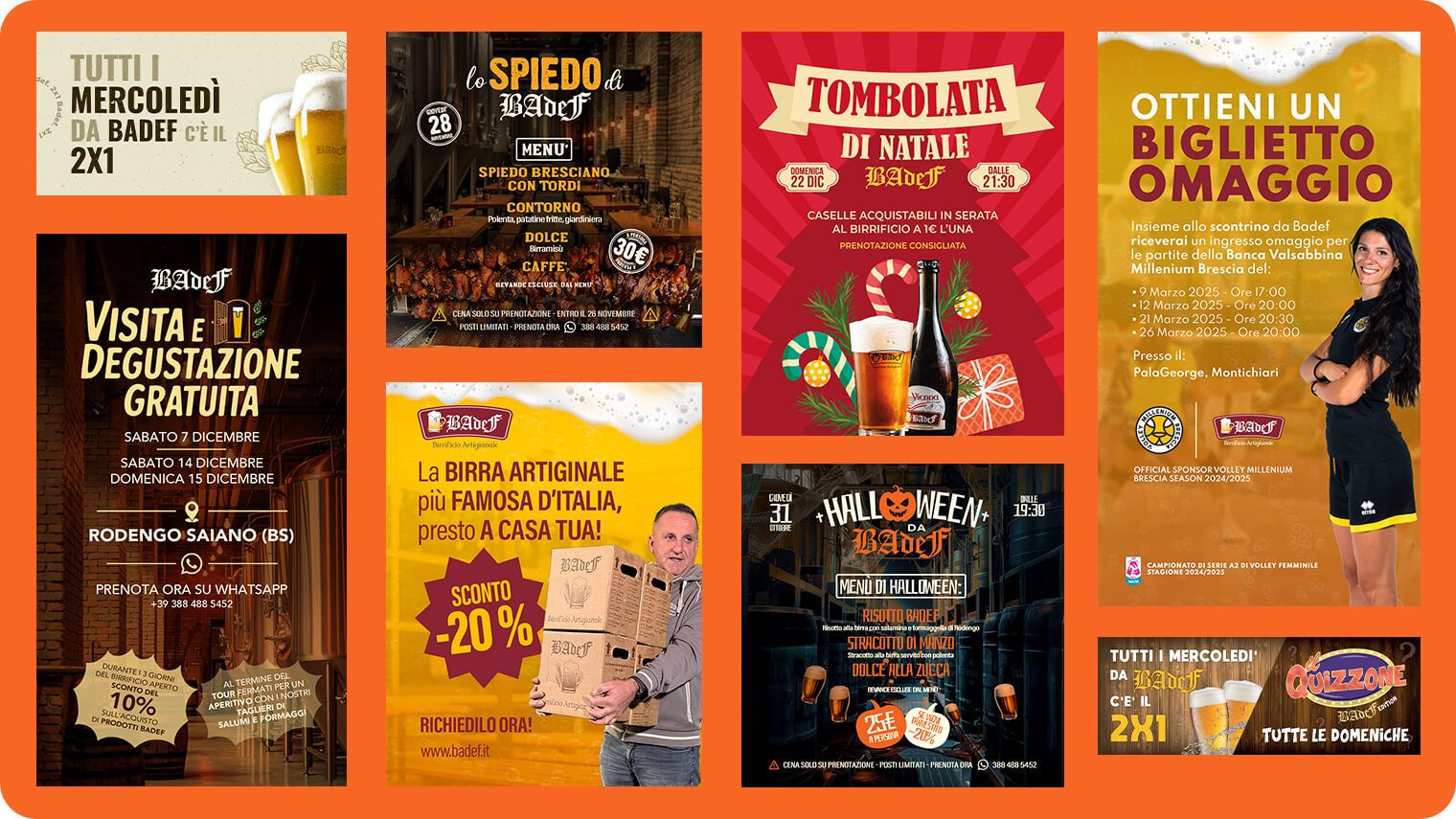 Locandine degli eventi del Brew Pub Badef: il 2x1 del mercoledi, lo spiedo, la tombolata di Natale e Halloween