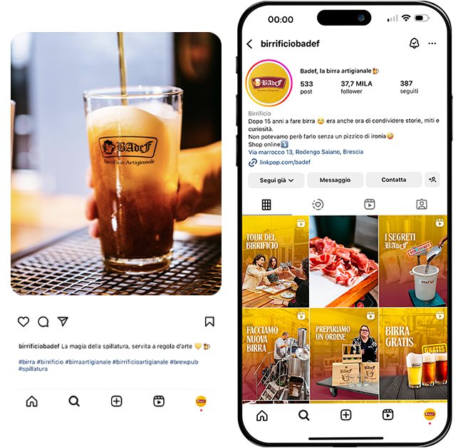 Un post e il profilo Instagram di Birrificio Badef gestiti da MakeItWeb