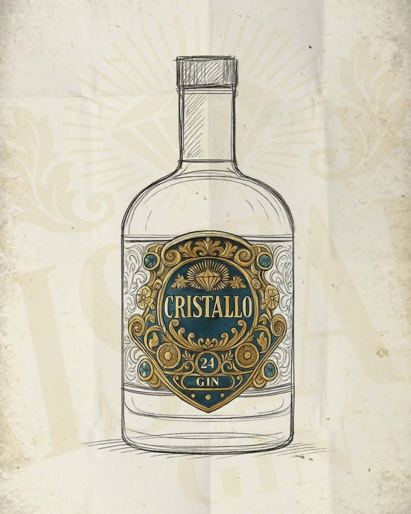 Grafica social di Gin Cristallo con la bottiglia disegnata a mano