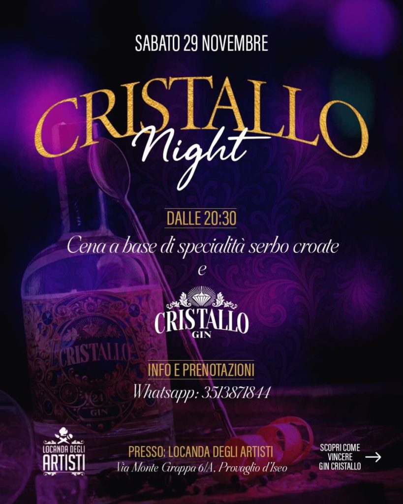 Locandina della serata Cristallo Night con i cocktail a base di Gin Cristallo