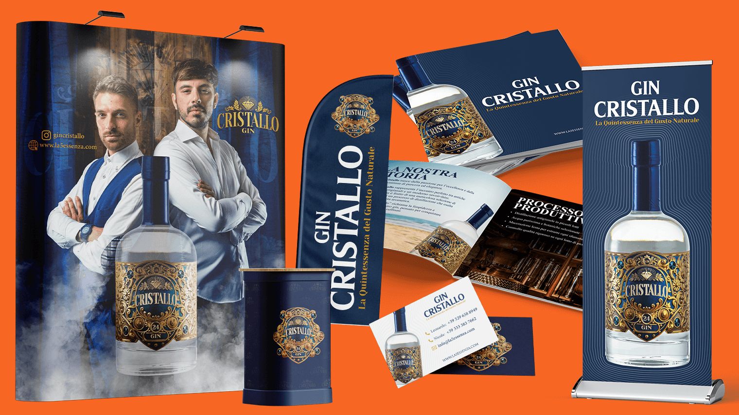 Brochure, biglietti da visita, bandiere e roll-up di Gin Cristallo