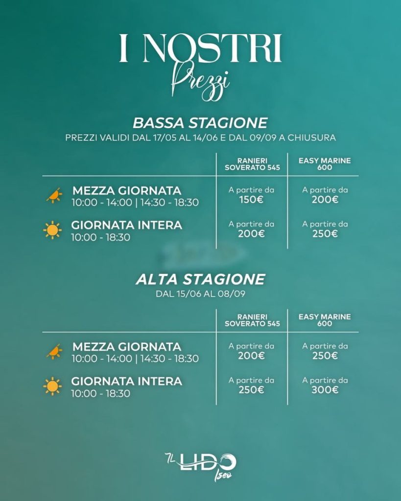 Grafica social del Lido Iseo con i prezzi di lettini e ombrelloni