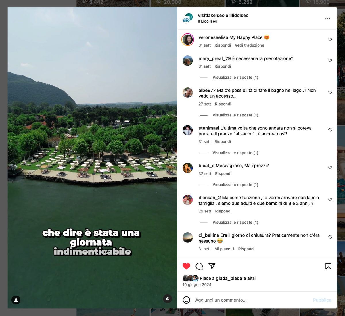 Post Instagram del Lido Iseo e i commenti degli ospiti sotto la pubblicazione