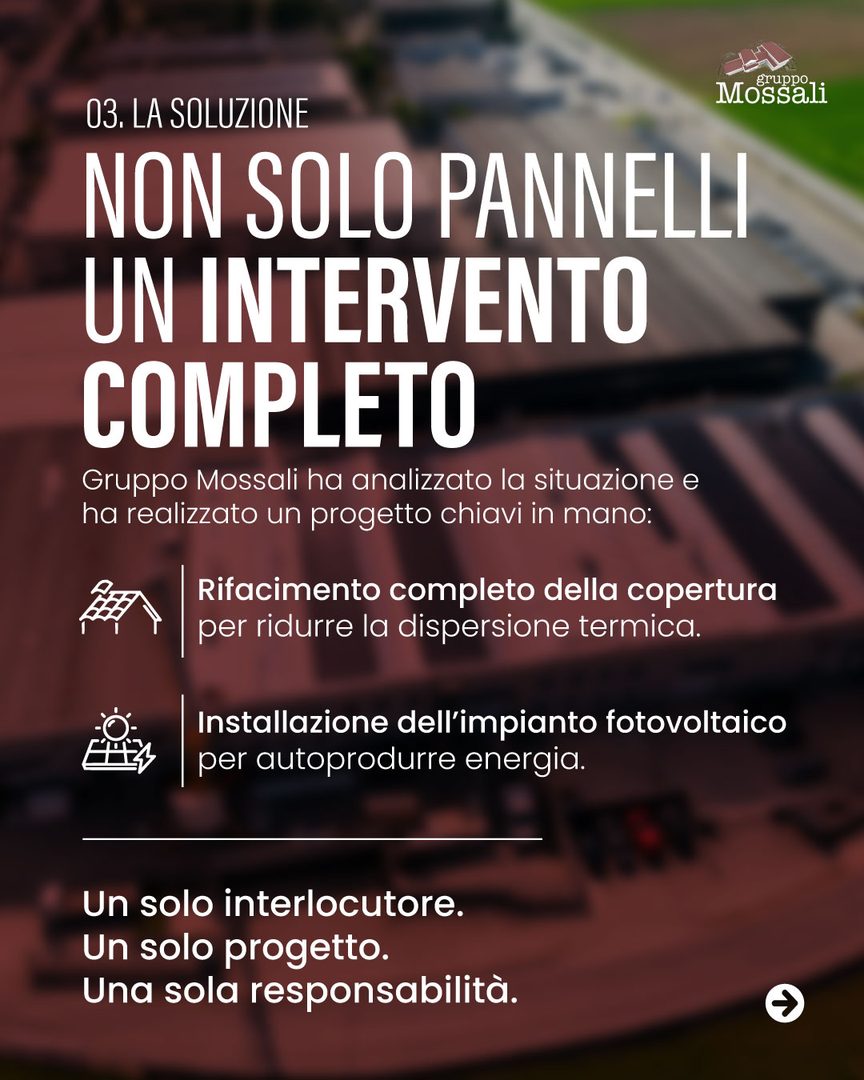 Slide 4 del carosello sul caso OFBM: copertura industriale e impianto fotovoltaico, Gruppo Mossali Pontoglio