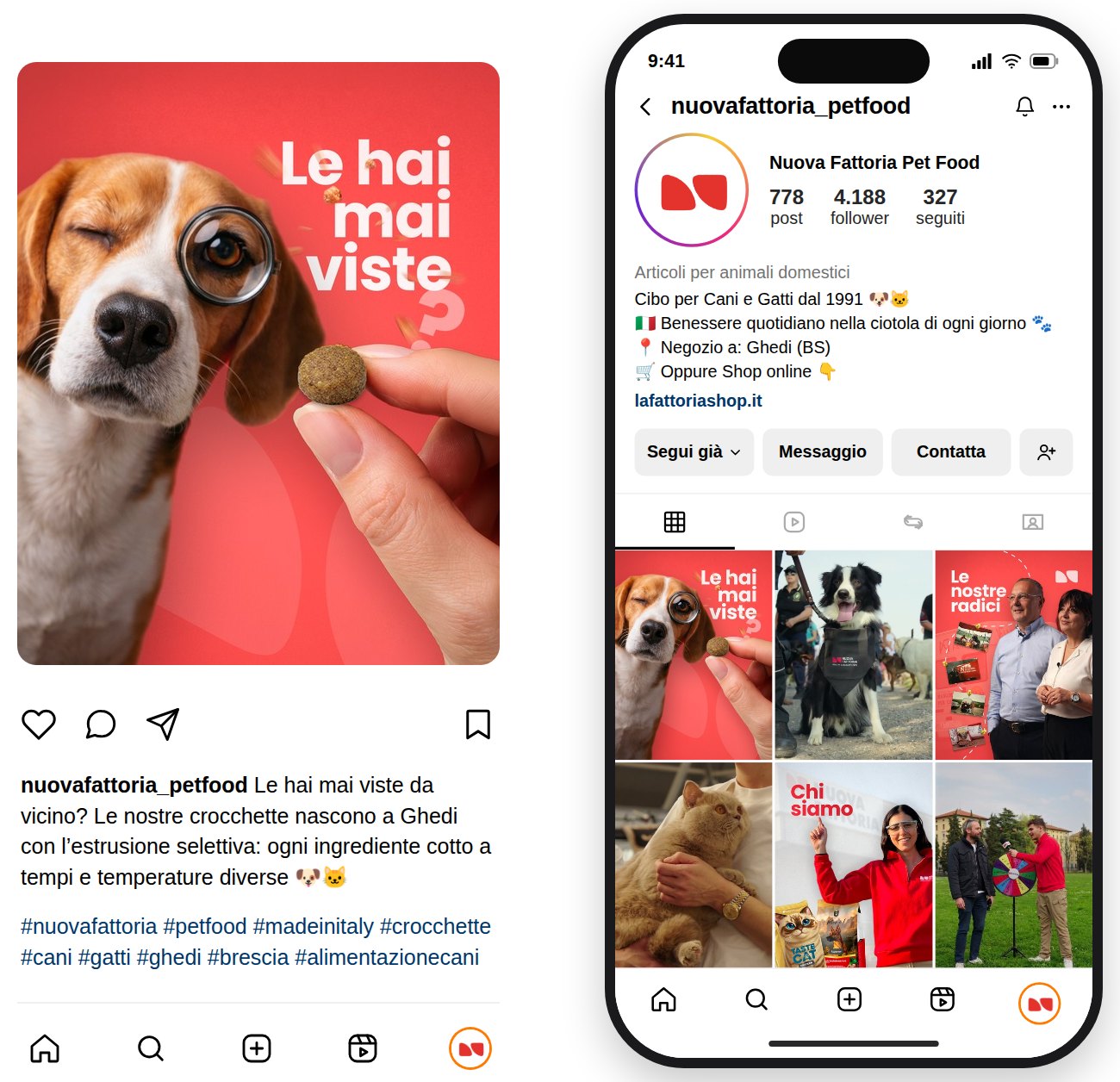 Il profilo Instagram nuovafattoria_petfood con un post e la griglia dei contenuti