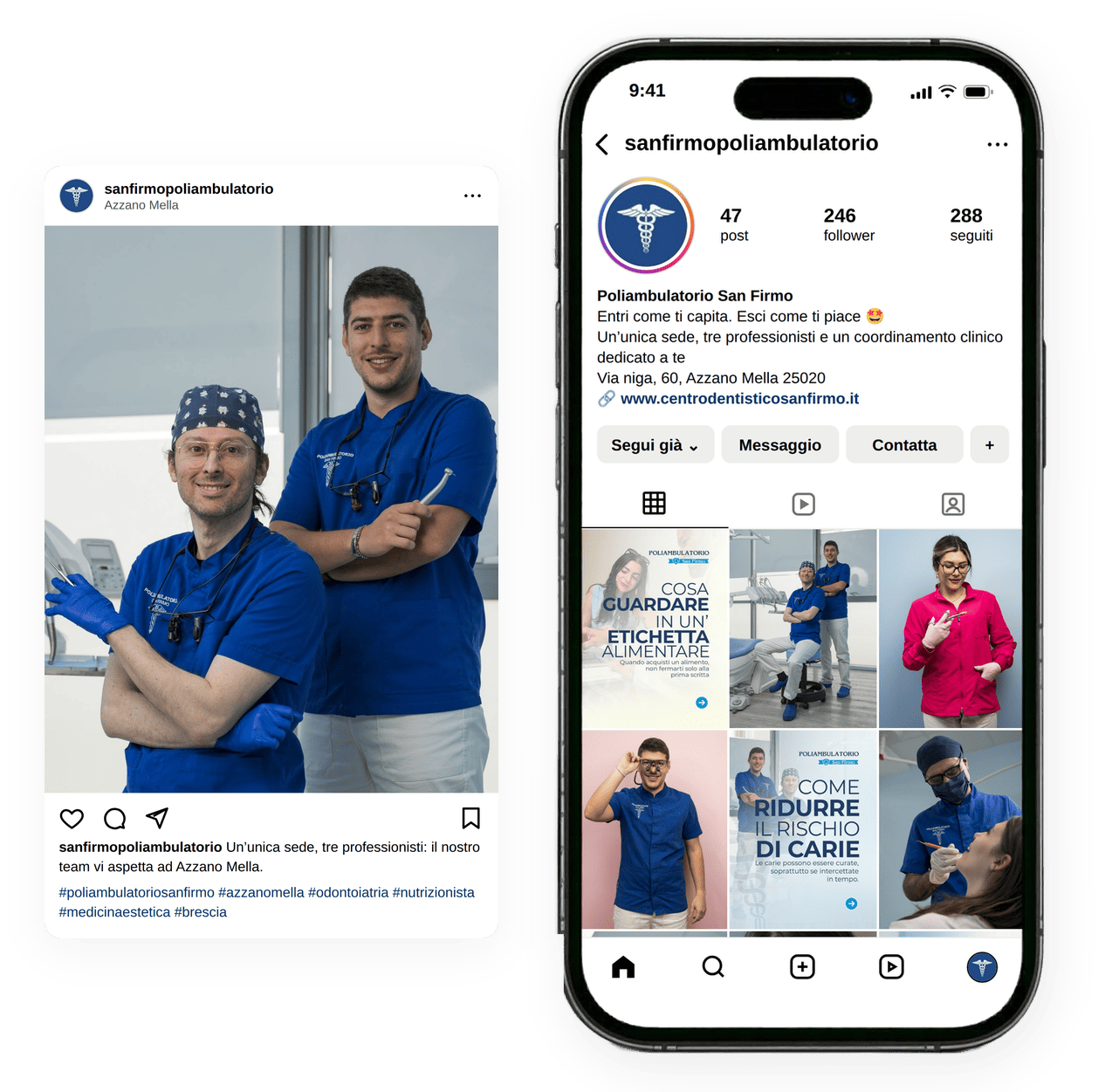 Profilo Instagram del Poliambulatorio San Firmo su smartphone, accanto a un post con i due odontoiatri