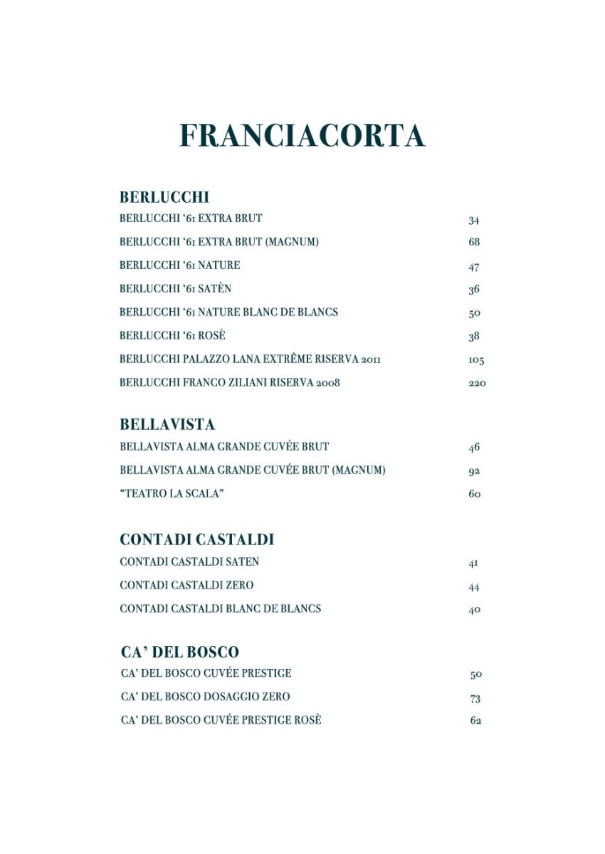 Pagina 2 della carta dei vini del Quadro Lounge Bar