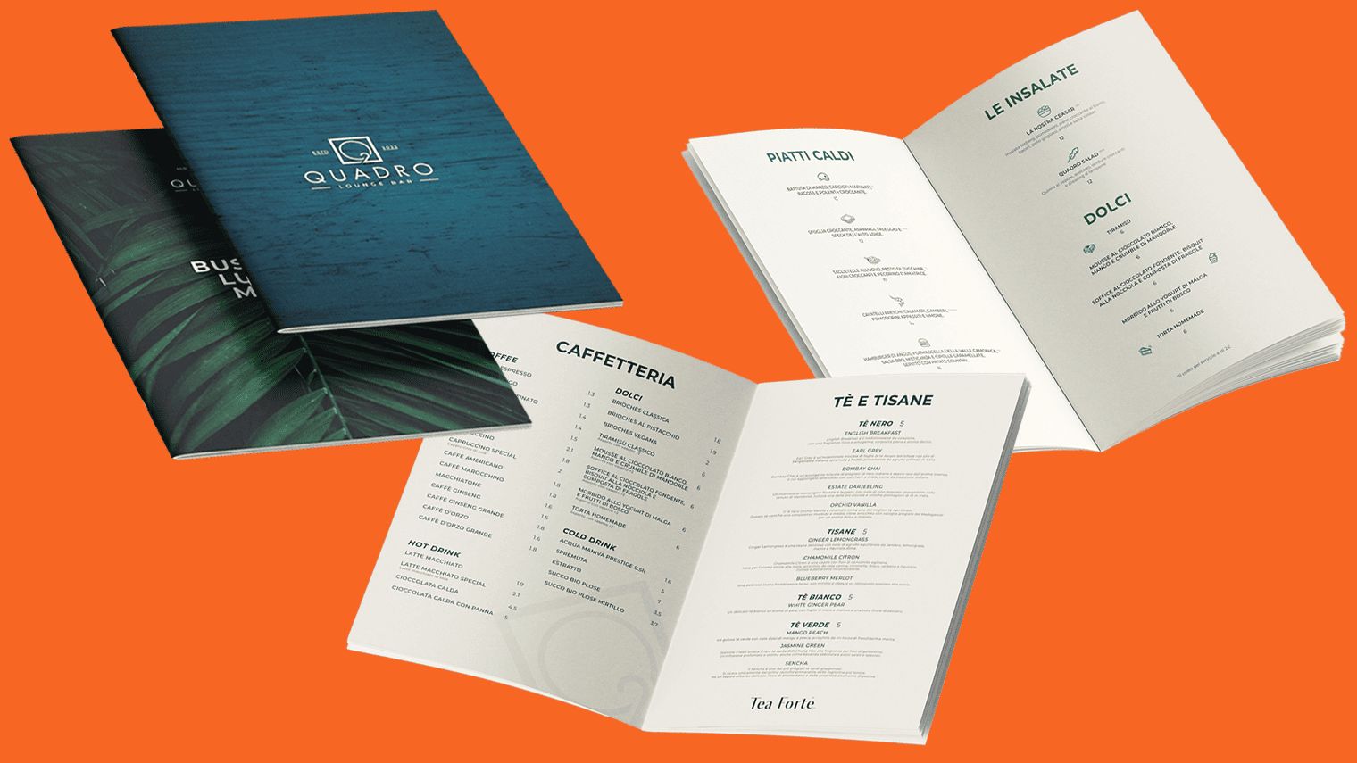 I menu e le cartellette stampate del Quadro Lounge Bar