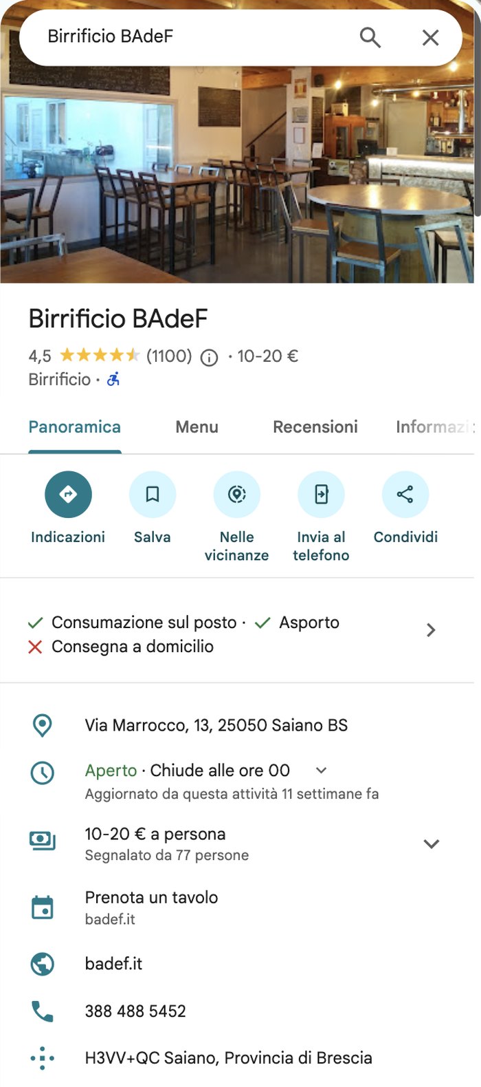 La scheda Google del Birrificio BAdeF a Rodengo Saiano, con valutazione, indirizzo, orari e sito