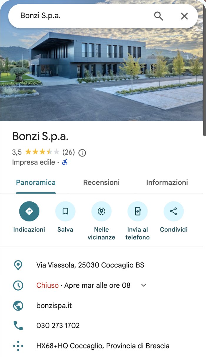 La scheda Google di Bonzi S.p.a. a Coccaglio, con la nuova sede, indirizzo, orari e sito