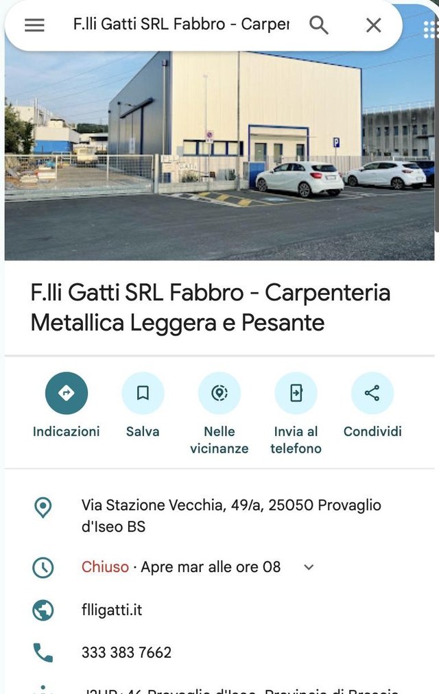 La scheda Google di F.lli Gatti a Provaglio d'Iseo, con indirizzo, orari, sito e telefono