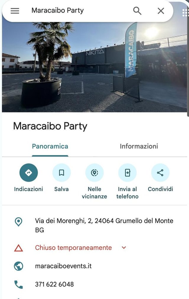 La scheda Google di Maracaibo Party a Grumello del Monte, con indirizzo, sito e recapiti