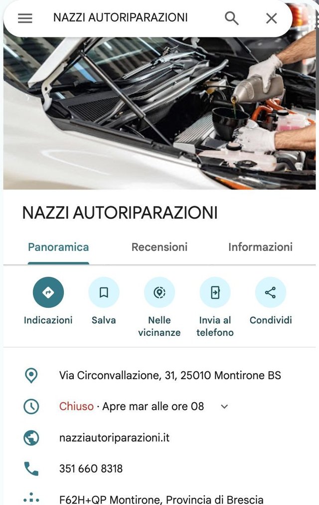 La scheda Google di Nazzi Autoriparazioni a Montirone, con indirizzo, orari, sito e telefono