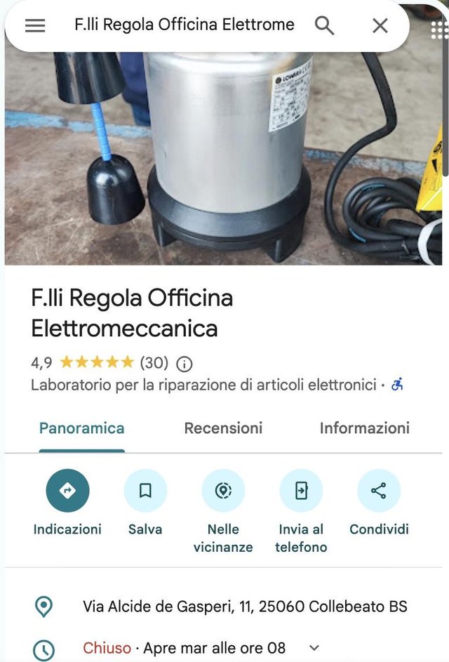 La scheda Google di F.lli Regola Officina Elettromeccanica a Collebeato, con valutazione, indirizzo e orari