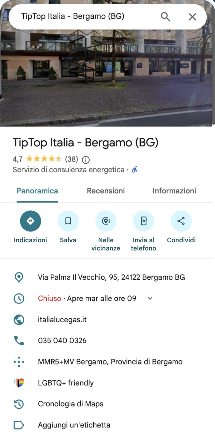La scheda Google di TipTop Italia a Bergamo, con valutazione, indirizzo, orari e sito