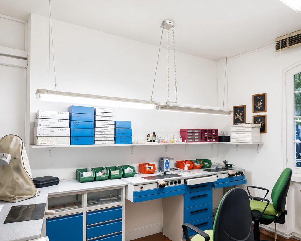 Il banco di lavoro del laboratorio odontotecnico interno allo studio
