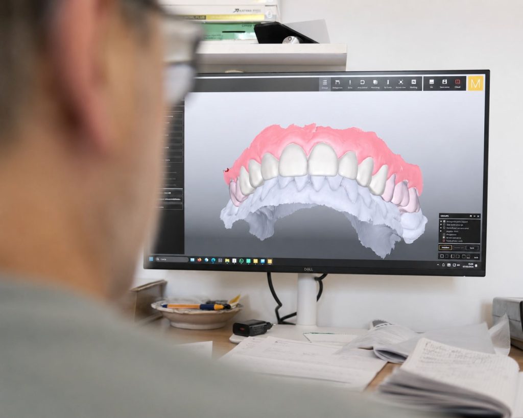 Un odontotecnico progetta una protesi dentale al computer