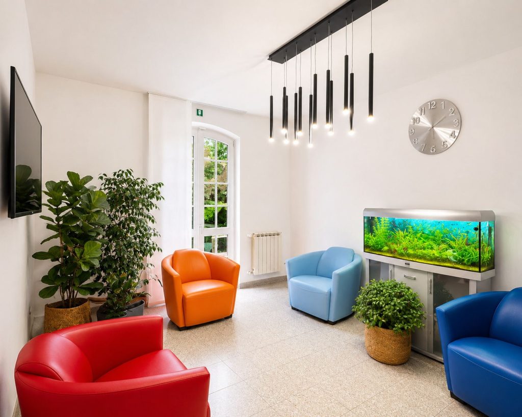 La sala d'attesa dello Stomatologico Santa Giulia con le poltroncine colorate e l'acquario