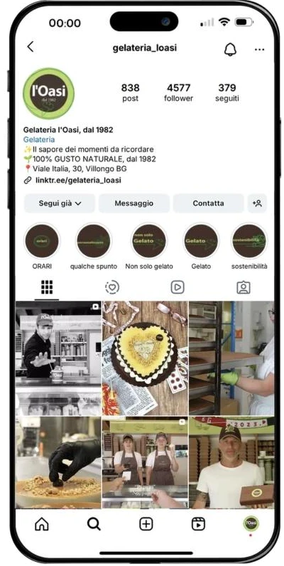 Profilo Instagram della Gelateria l’Oasi prima di MakeItWeb: 4.577 follower