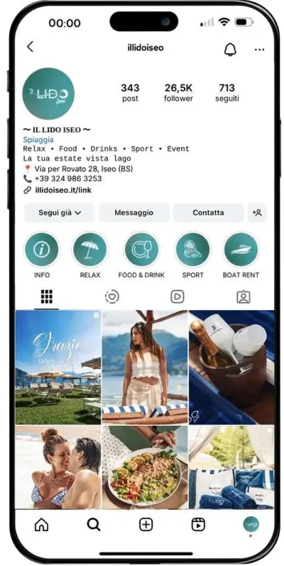 Profilo Instagram del Lido Iseo oggi: 343 post e 26,5 mila follower