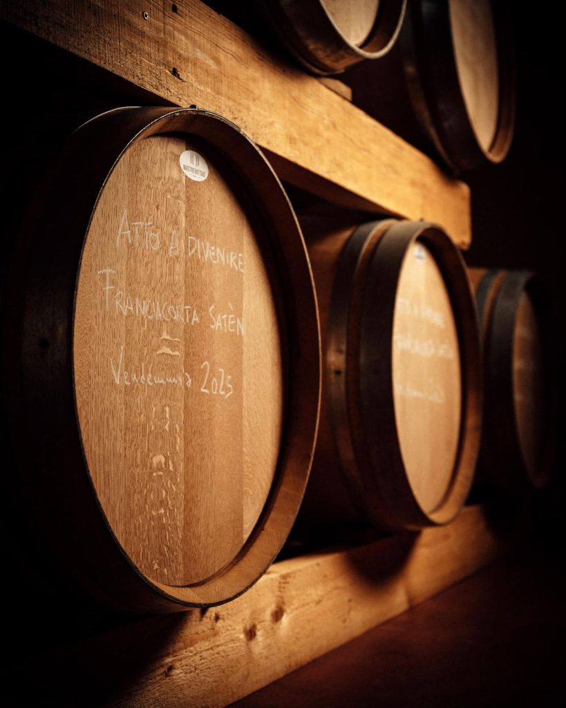 Botti di legno in cantina con le annate segnate a gesso, Tenuta Ambrosini