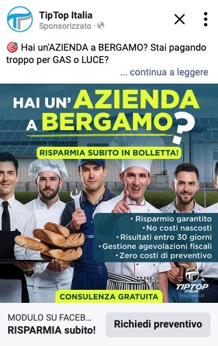 Inserzione di TipTop Italia pubblicata su Facebook e Instagram